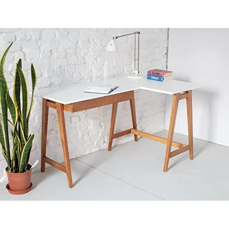 Ragaba Eckschreibtisch mit 2 Schubladen und Fußstütze, MDF & Massives Eschenholz Eichenbeize, 135x85 cm, Salbei Grün, Rechts – Bild 2