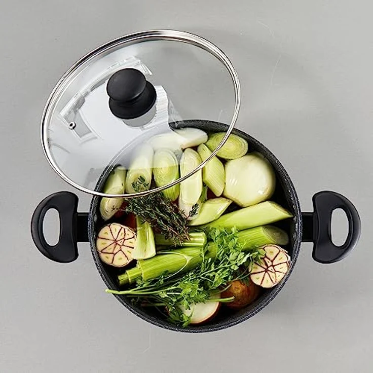Russell Hobbs RH02809EU7 Metallic Marble Topf - Antihaft-Auflauftopf, 24 cm/2 L, Suppentopf, Deckel aus gehärtetem Glas mit Dampfbelüftung, geeignet für Induktionskochfeld, weiche Griffe, leicht – Bild 5