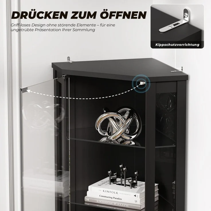 Eckvitrine 65x45x180 cm, 6-stöckige Glasvitrine mit LED-Beleuchtung, Glastüren und Bewegungssensor, Schwarz – Bild 7