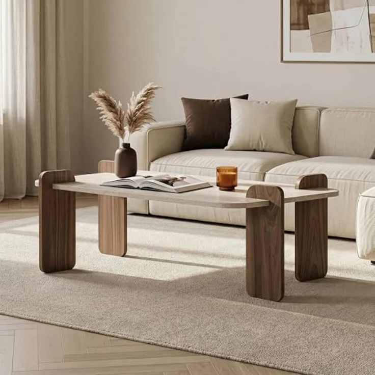 Stilvoller Couchtisch, 120 cm x 60 cm x 35 cm | 100% melaminbeschichtete Spanplatte, werkzeuglose Montage | Elegante Travertin- und Walnuss-Optik – Bild 4