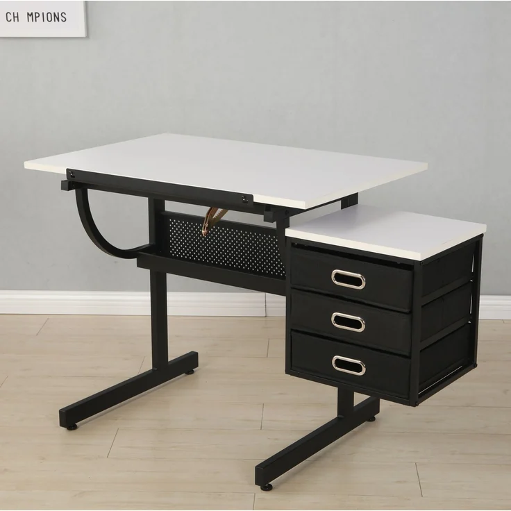 Zeichentisch mit neigbarer Arbeitsplatte & 3 Stoffschubladen, 90x60 cm, Weiß – Bild 2