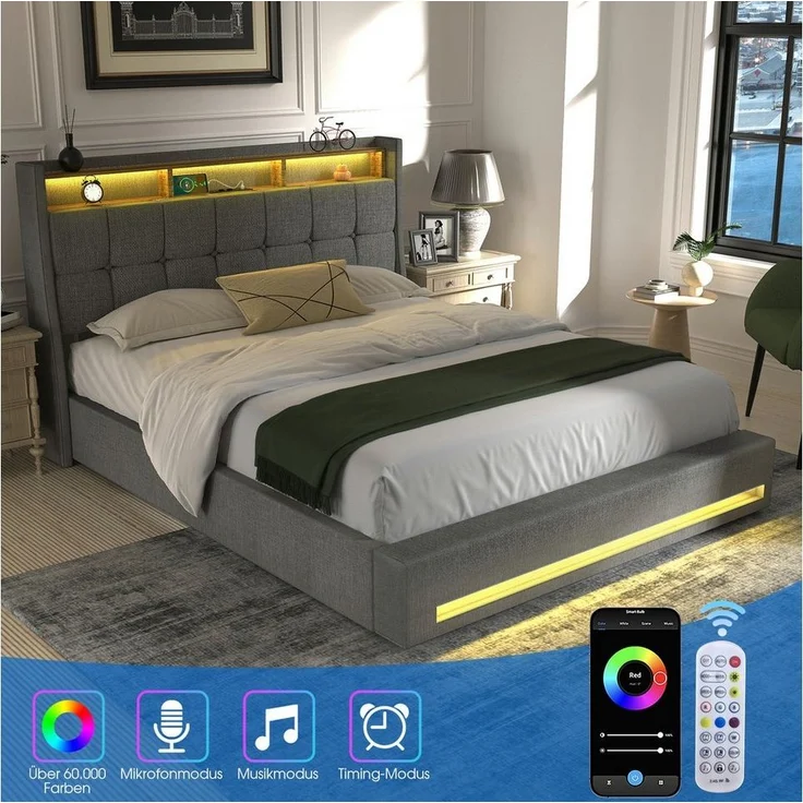 oyajia Polsterbett Doppelbett mit LED Licht 140x200 cm,Hydraulisch anhebbarer Stauraumbett (Mit Lattenrost und Ladefunktion, Leinenmaterial Polsterbettt), Modernes Jugendbett, Leises Design Bett, Max. Belastbarkeit 350 kg – Bild 3