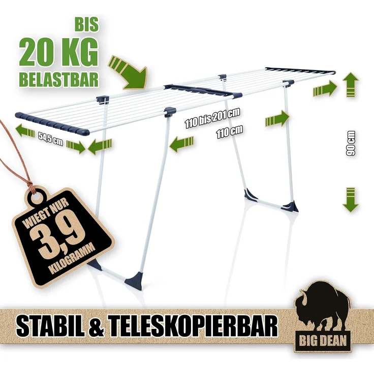 BigDean Teleskop Wäscheständer mit Rollen ausziehbar 20m - TÜV Rheinland Wäschetrockner Flügelwäschetrockner Flügelwäscheständer für Kleidung – Bild 3