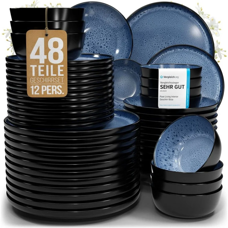 Steingut Geschirrset 12 Pers. Ibiza 48-tlg Hochwertiges Mediterranes TEST SEHR GUT Steingut Geschirr Set - Schüssel- und Teller Set - Tafelservice 12 Personen Geschirrsets Pure Living in Tiefblau – Bild 1