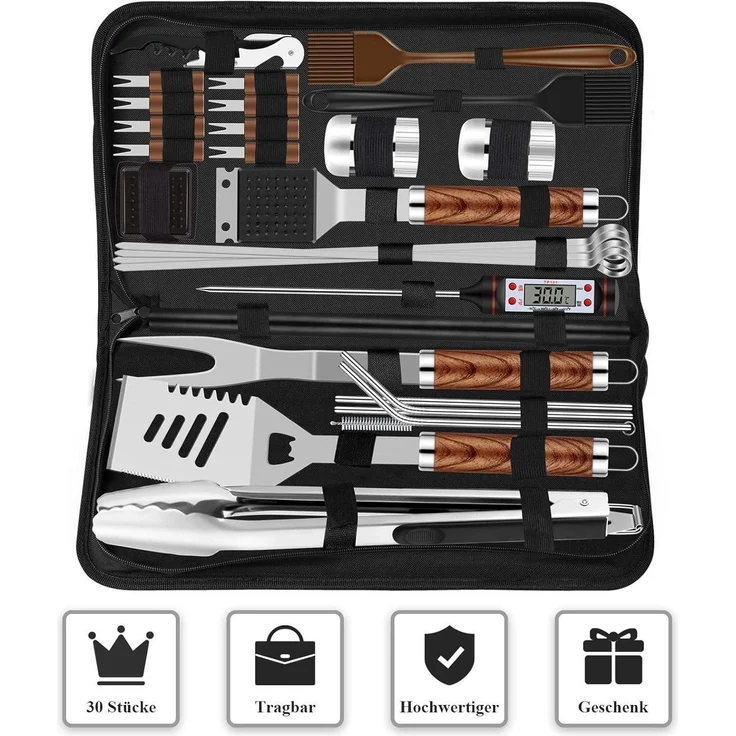 LuxusKollektion Grillbesteck-Set, 30-teilig, Edelstahl silber / Holz natur – Bild 6