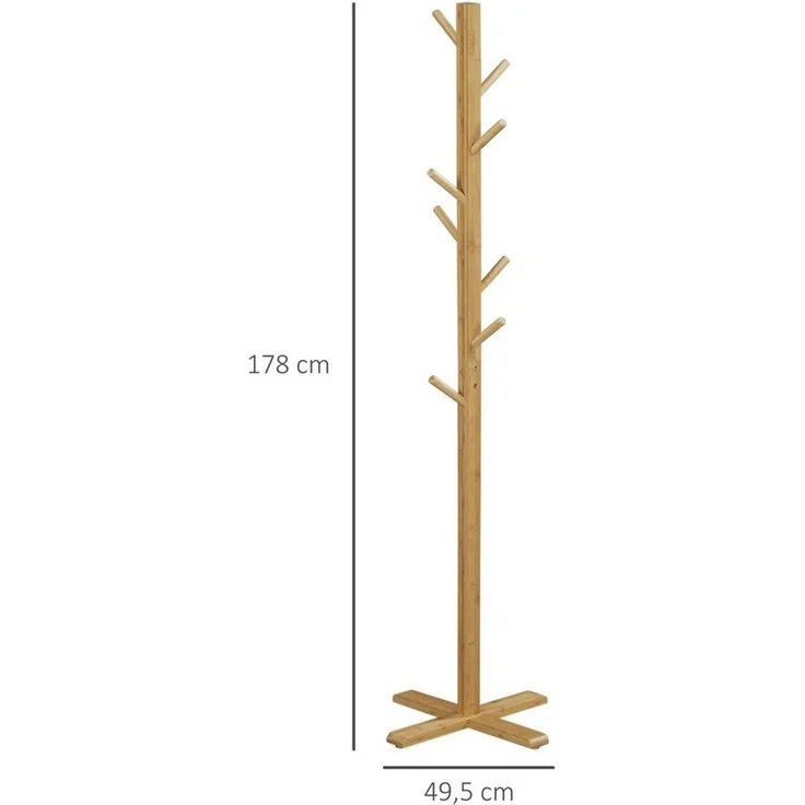 HOMCOM Kleiderständer Garderobe mit 8 Haken, (Jackenständer, 1 St, Garderobenständer), Naturholz 49,5 x 49,5 x 178 cm – Bild 2