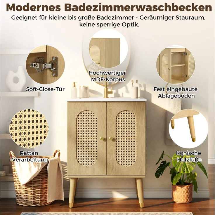 Waschtischunterschrank 61 x 47 x 89 cm mit Keramikwaschbecken, Rattantüren und Ablageböden – Bild 5