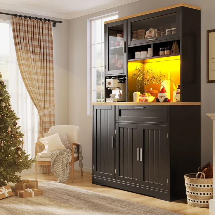 Küchenschrank, Hochschrank / Vitrine mit LED-Beleuchtung, 104x40x180 cm, weiß/schwarz, für Küche & Wohnzimmer--Schwarz--104x40x180cm--YOUDENOVA – Bild 3