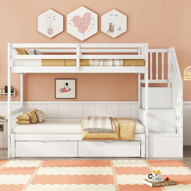Merax Etagenbett Kinderbett 90x200cm mit umwandelbarem Unterbett 90x200/180x200cm, Weiß – Bild 3