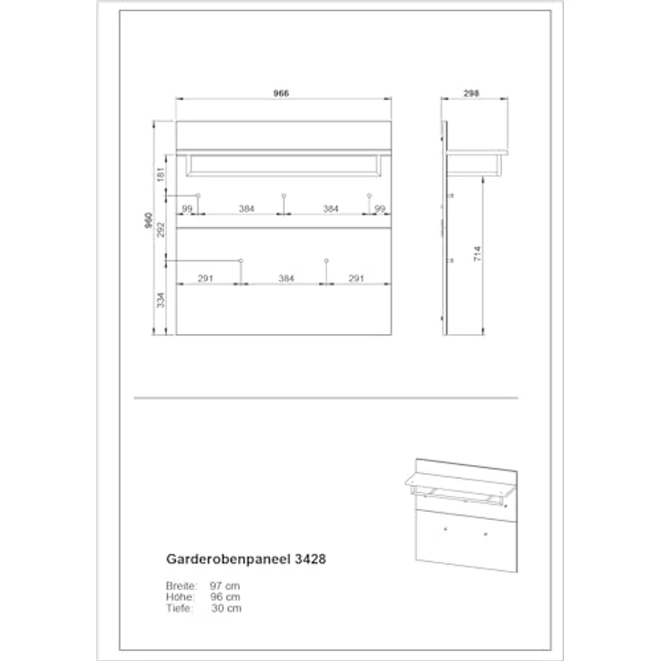 Germania Garderobenpaneel, Graphit-Silber, mit Aufhängemöglichkeit, Hutablage und Kleiderstange, 97x96x30 cm – Bild 5