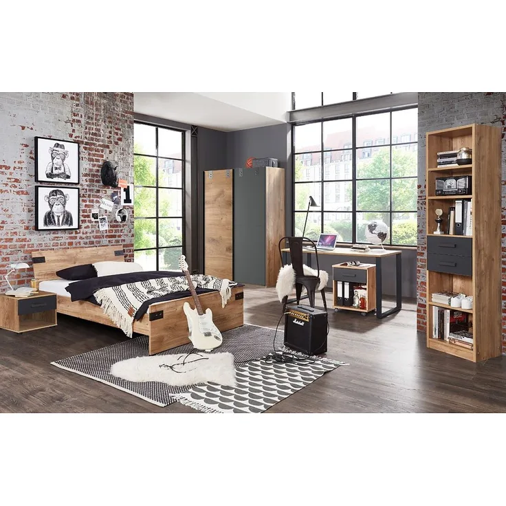Jugendzimmer mit Schwebetüren Kleiderschrank 135cm, Bett 140cm Nachttisch Regal und Schreibtisch EVERTON-43