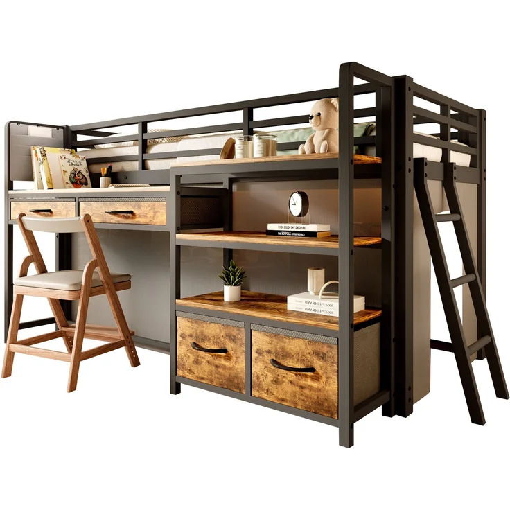 ZUBALIYA Hochbett 90x200 cm mit Schreibtisch, Stauraum und Stoffschubladen, Kinderbett aus Metall mit Vorhang, mehrschichtigem Regal und LED-Licht, Schwarz – Bild 6