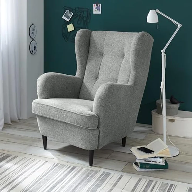 OSKAR Ohrensessel inkl. Fußhocker, Hellgrau - Vintage Wohnzimmer Sessel Set mit Massivholz Füßen - 78 x 102 x 98 cm (B/H/T) – Bild 4
