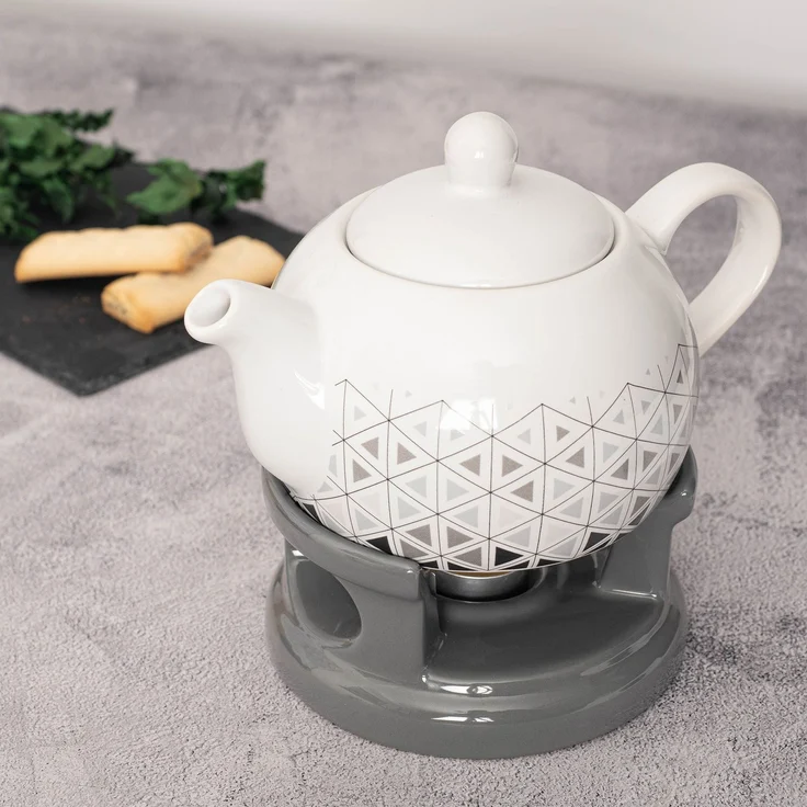 KADAX Teekanne 1L mit Stövchen Set, Kaffeekanne aus Porzellan mit Deckel, Griff und Teestövchen, Kanne mit Teelicht Wärmer für Tee, Teeservice (Grau/Weiß) – Bild 2