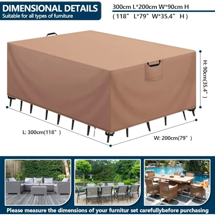 Aujink Abdeckung Gartenmöbel Winterfest, Wasserdichte Schutzhülle Gartenmöbel 420D Oxford Anti-UV Abdeckplane für Gartentische Terrassenmöbel Regenschutz und Staubfest Abdeckhaube Khaki 300 x 200 x 90 cm – Bild 3