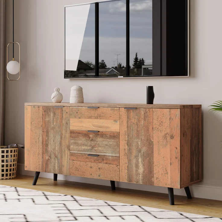 ZUBALIYA Kommode 140x35x70 cm, mit verstellbaren Einlegeböden, aus Spanplatte, Antikbraun – Bild 8