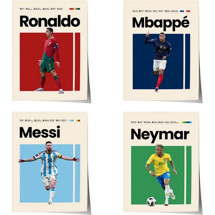 JUSTGOODMOOD Poster Mbappe Ronaldo Messi Neymar Fußball Minimalistisch Mid Century Modern, Mbappe (1 St) – Bild 1