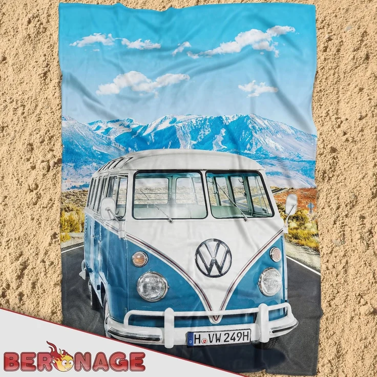BERONAGE Tagesdecke Volkswagen Decke VW Bulli T1 Adventure Blau 150x200 cm Kuscheldecke, passend zur Bettwäsche, ideal für Sofa, Couch, Bett, Auto, Camping – Bild 5