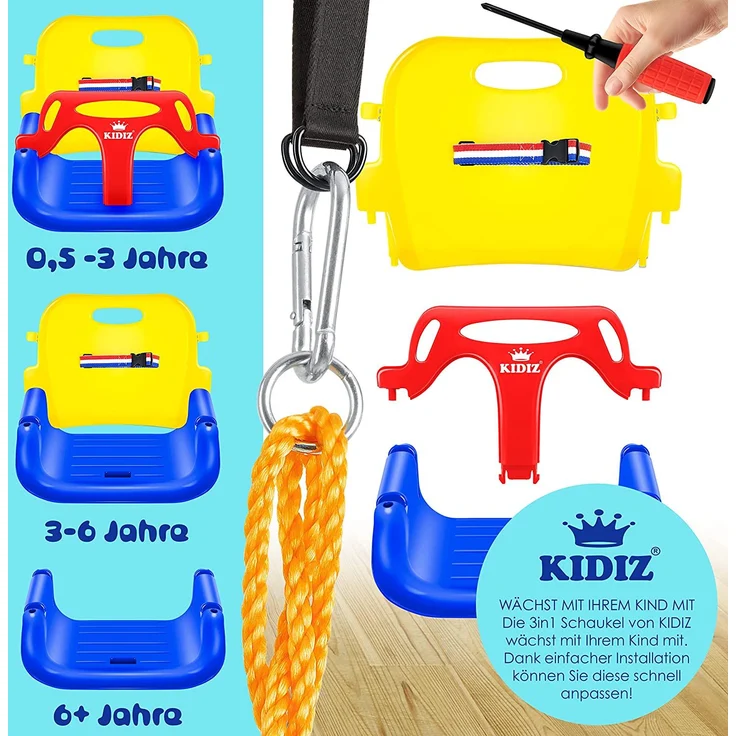 KIDIZ® Babyschaukel Kinderschaukel 3 in 1 Babysitz verstellbar Mitwachsend Schaukelsitz Gartenschaukel für Baby Kinder mit Rückenlehne und Anschnallgurt belastbar bis 100kg Indoor Outdoor Gelb – Bild 5