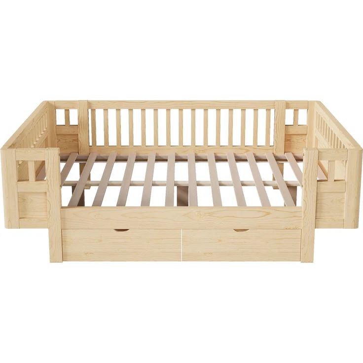 Merax Hochbett 140x200 Kinderbett, mit hohem Schutzgitter & zwei großen Schubladen, Holzfarbe – Bild 9