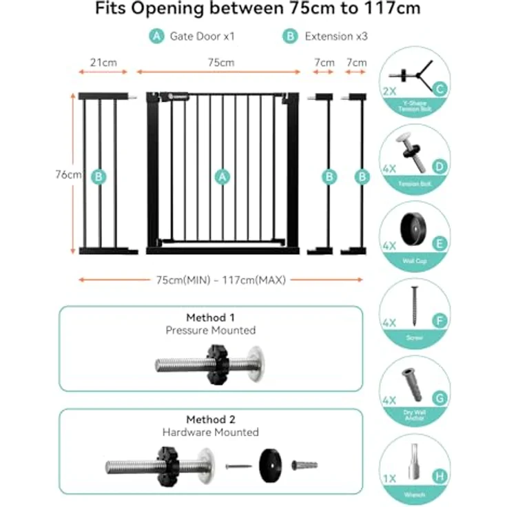 COMOMY 75-117cm Türschutzgitter Ohne Bohren, Treppenschutzgitter Auto Close mit Grün/Rotem Schild, Kindersicherung Tür, Türgitter für Hund/Katze, 90° Stop, mit Y-Spindel (76cm Hoch, Schwarz) – Bild 4