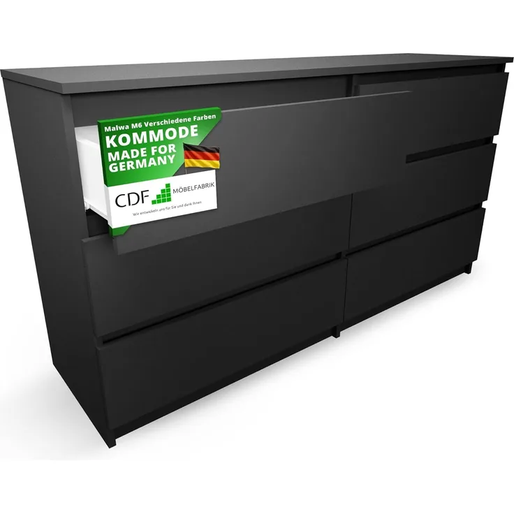 CDF Kommode Schwarz mit 6 Schubladen 40 cm Tief Komodenschrank Komode für Wohnzimmer Schlafzimmer Schubladenschrank Malm Kommode viel Stauraum Geeignet Organizer Kleidung 138 cm Breite Modern Look