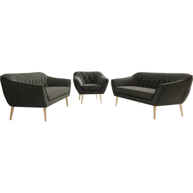 Wohnzimmerset, Möbelset PIRS 3-3-1, Armlehnen, Wellenfederung, Buche Füße, Dreisitzer Sofas mit Sessel, Polstermöbel Set - Dunkelgrau Velvet – Bild 6