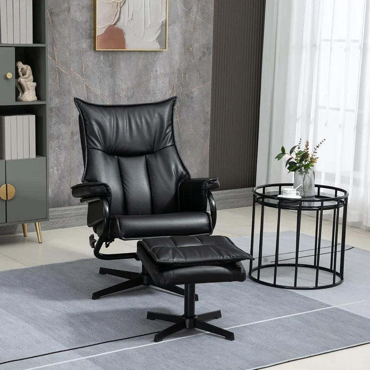HOMCOM Polsterstuhl drehbarer Relaxsessel mit Hocker (Ruhesessel, 2 St), für Wohnzimmer, Büro, Kunstleder, Stahl, Schwarz – Bild 2
