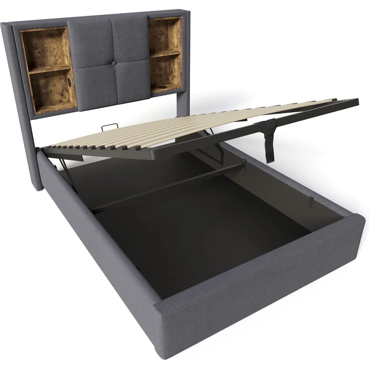 Einzelbett Polsterbett Baumwolle mit Stauraum & USB-Anschluss, 95x206x100,5 cm, Grau, ohne Matratze – Bild 7