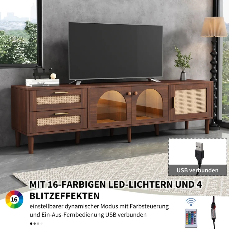 TV-Schrank, mit Rattan-Schubladen, 3 Türen, LED-Licht & höhenverstellbaren Füßen, 180x40x50 cm, Braun – Bild 6