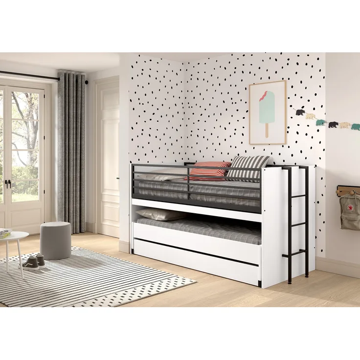 Halbhohes Bett SAM 90 x 200 cm Eiche Melamin Dekor Weiß Schwarz