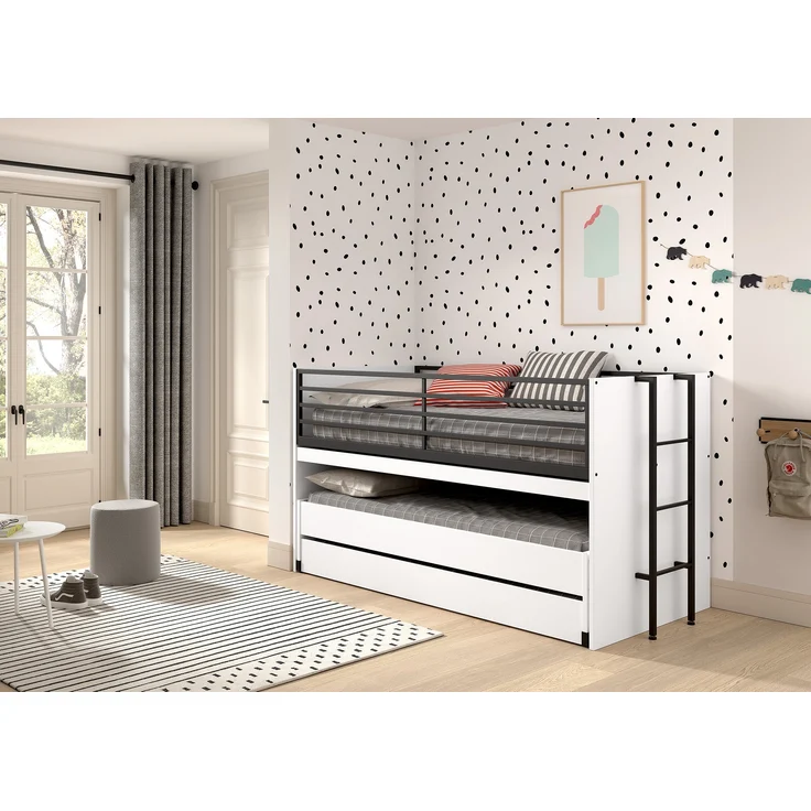 Halbhohes Bett SAM 90 x 200 cm Eiche Melamin Dekor Weiß Schwarz – Bild 1