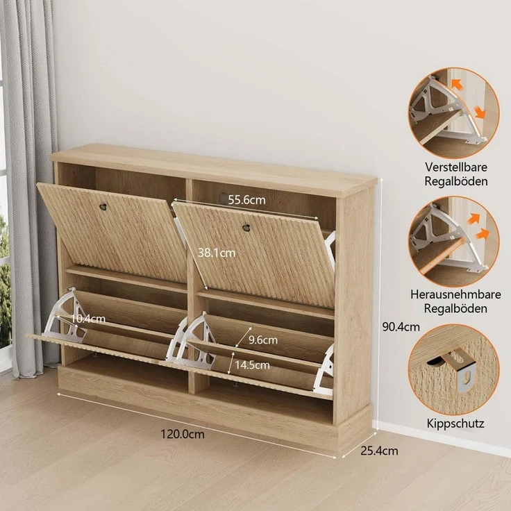 GarveeMore Schuhschrank Moderner Rillenprofil mit 4 Klappschubladen verstellbare Einlegeböden (1-St) 120x25x90cm Versteckter Schuhstauraum Schuhregal für 18–24 Paar Schuhe – Bild 2