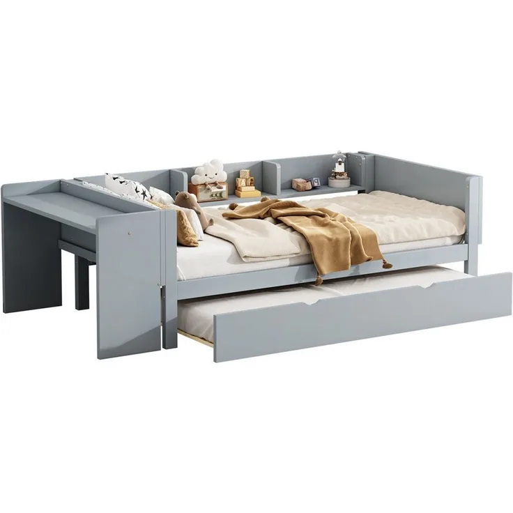 SOFTWEARY Jugendbett mit Gästebett, Lattenrost und Schreibtisch (90x200 cm), Einzelbett, Kinderbett