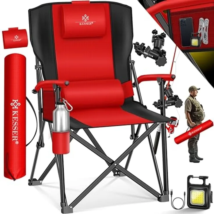 KESSER® Campingstuhl faltbar bis 160 kg | Angelstuhl Faltstuhl Klappstuhl Gepolstert mit Armlehnen | Campinglicht und Getränkehalter + Tasche mit hoher Rückenlehne | Strandstuhl mit Angelhalterung Rot / Schwarz