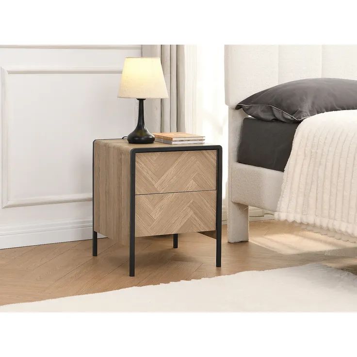 Vente-unique - Nachttisch - 2 Schubladen - MDF & Metall - Holzfarben & Schwarz - TUMACO
