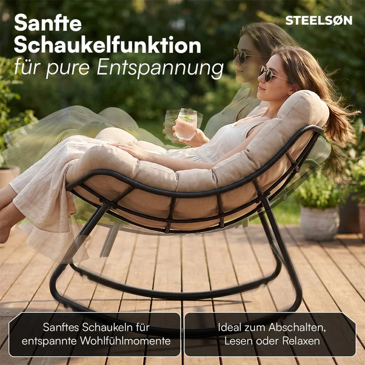 STEELSØN 'Veldora' Schaukelstuhl, schwarzes Polyrattan, Kissen beige, ergonomischer Relaxsessel, bis 125kg, XXL Schaukelsessel 75×100×65 cm – Bild 2
