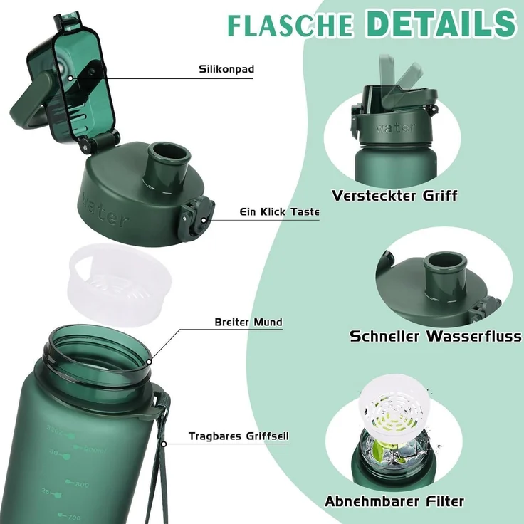 AOPREL Trinkflasche 1l BPA-Frei Tritan Sport Kohlensäure geeignet Auslaufsicher – Bild 2
