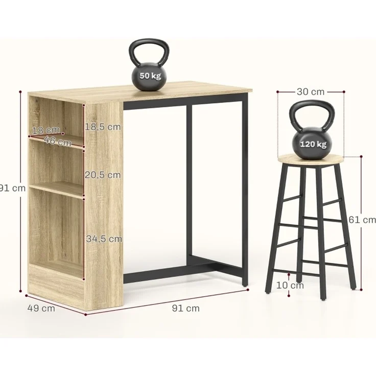 Bartisch-Set H 91 x T 49 x B 91 cm mit Stauraum, Stahl und Spanplatte in Eichenoptik, mit 2 Hockern – Bild 8