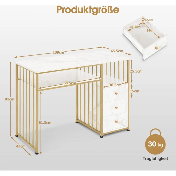 BarberPub Manikürtisch mit 3 Schubladen & 2 Ablagen, Nageltisch aus Holz Metallgestell, Nagelstudio Tisch für Beautysalon, Marmor-Weiß Gold, 45,5x109x81cm, 2407 – Bild 2