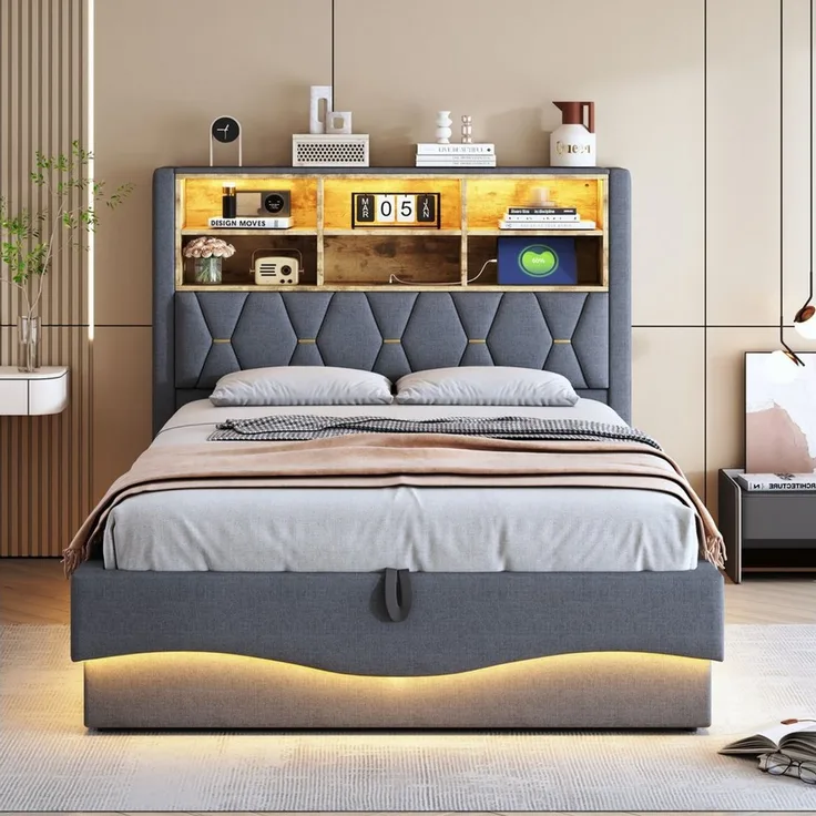 STILVORA Polsterbett 140x200 mit LED-Licht&USB,Jugendbett Doppelbett mit Lattenrost,Grau (mit Hydraulischem Stauraum, APP-gesteuertes LED-Lichtband, USB-Ladeanschluss, Leinenbezug, Platzsparendes Bett mit Stauraum für Bücher und Bettzeug, 140x200 cm), ...