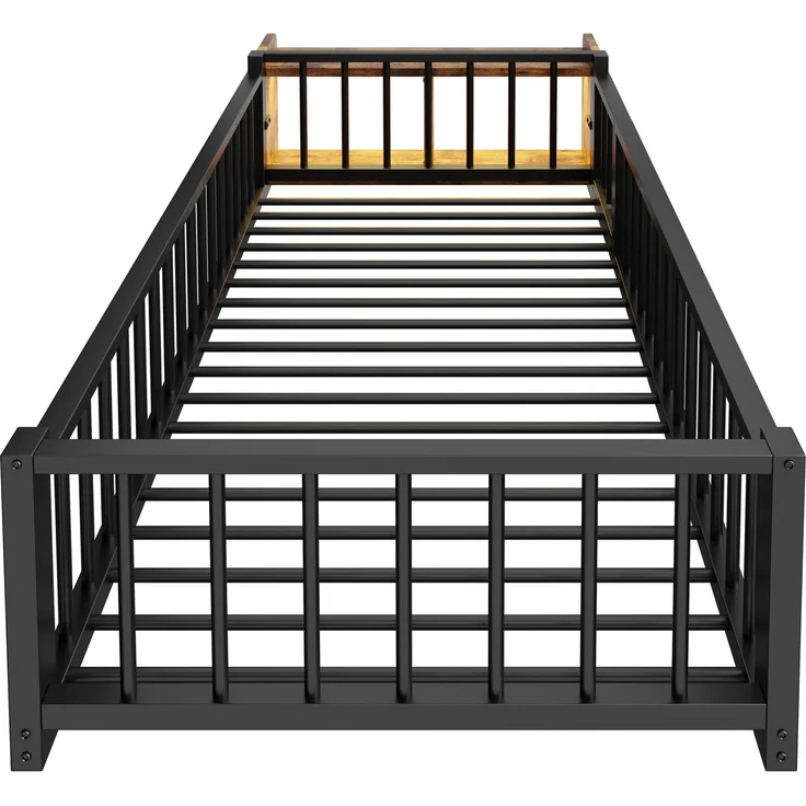 Kinderbett mit LED-Streifen, Regal, Zaun, Lattenrost und Tür, 90x200 cm, Einzelbett mit Rausfallschutz, Metallbett – Bild 7