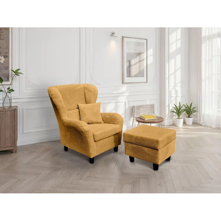 Ohrensessel mit Hocker Landhausstil Polster-TV-Lesesessel in Cord Gold Ockergelb – Bild 2