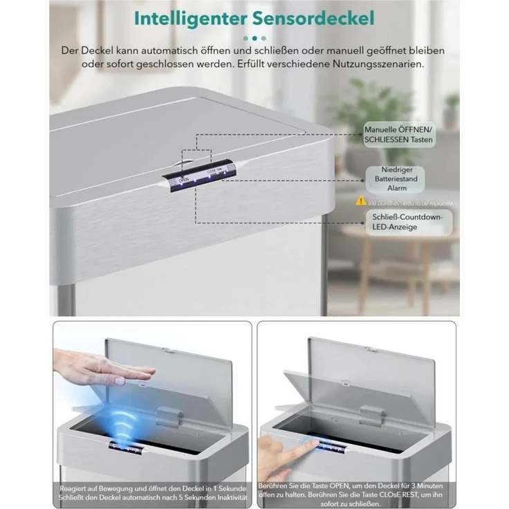 TLGREEN Mülleimer mit Sensor,automatischer Abfalleimer 30/50/60 L, mit Klemmring für Müllbeutel,Softclose-Deckel, Stahl – Bild 4