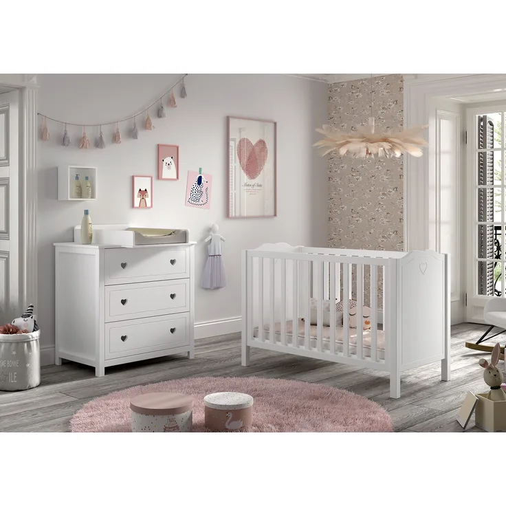 AMORI 3-tlg Set best. aus: Babybett 60x120 cm, Kommode m. 3 Schubladen, Wickelaufsatz, weiß lackiert
