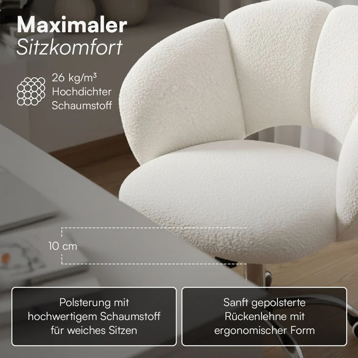Bellamio 'Meli' Wolkenstuhl, weiß, Teddy-Bouclé Stoff, höhenverstellbar & drehbar, bis 140 kg, Schmink- & Schreibtischstuhl mit Rollen – Bild 8