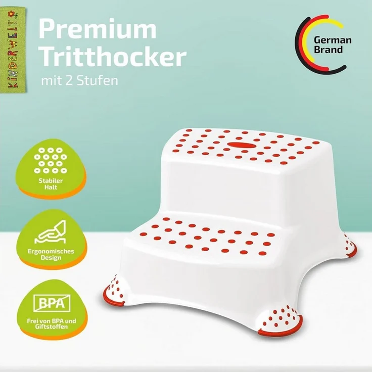 KiNDERWELT Tritthocker Premium zweistufiger Tritthocker weiß/rot stabiler Hocker – Bild 1