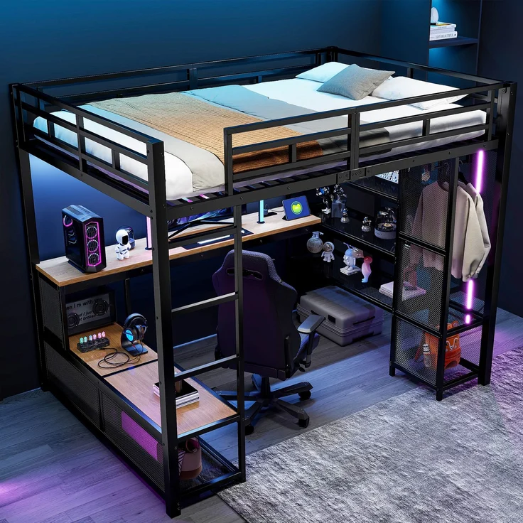 U-life Metall-Hochbett 140x200 cm mit Schreibtisch, offenem Kleiderschrank, USB-Ladestation und LED-Beleuchtung, Schwarz – Bild 3
