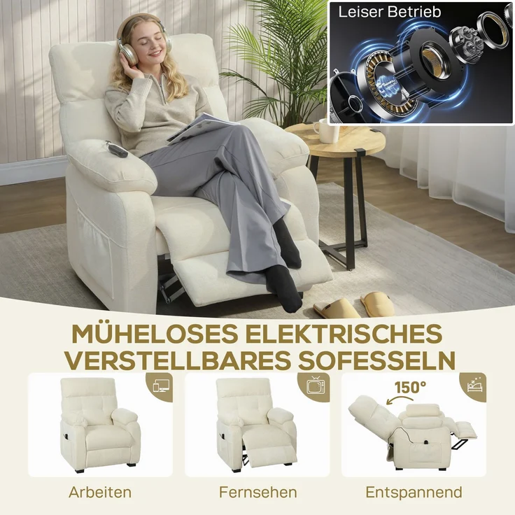 Wohnora-Elektrischer Relaxsessel Fernsehsesel mit Fußstütze, Seitentaschen, bürstenlosem Motor, USB-Anschluss, Fernbedienung,H 1050cm x T 960cm x B 900cm,Weiß – Bild 5