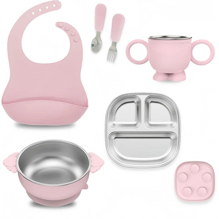 ABC Kindergeschirr-Set, bruchsicherer, abnehmbarer Teller aus Edelstahl 304 mit Saugnapf, rosa – Bild 1